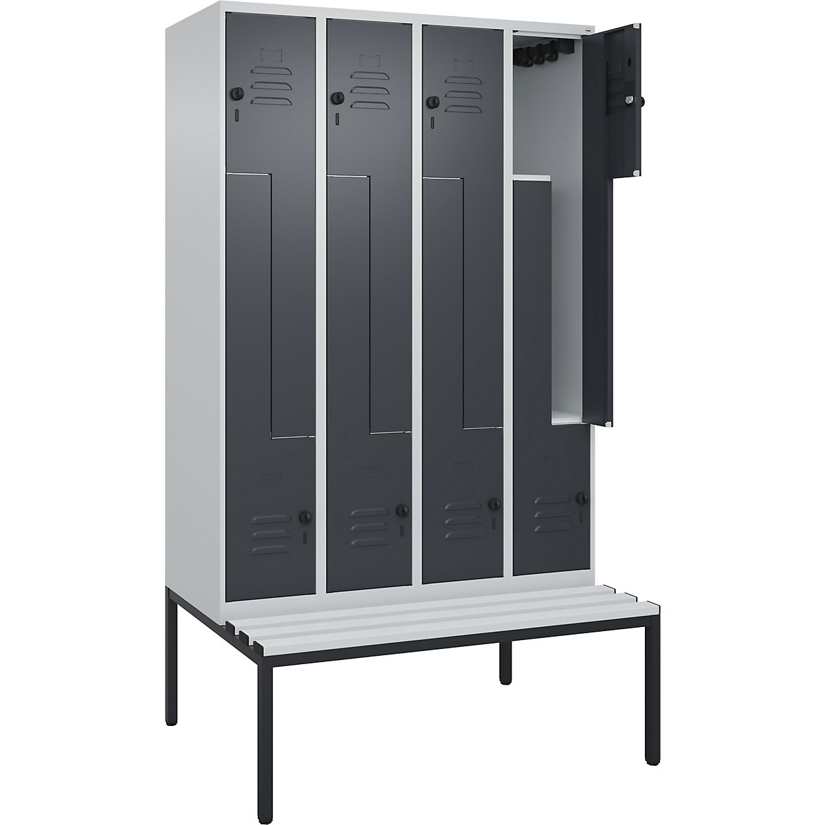 Armadietto a Z Classic PLUS con panca – C+P, 4 scomparti, grigio chiaro / grigio, largh. 1200 mm, serratura girevole di sicurezza, panca integrata, plastica-0