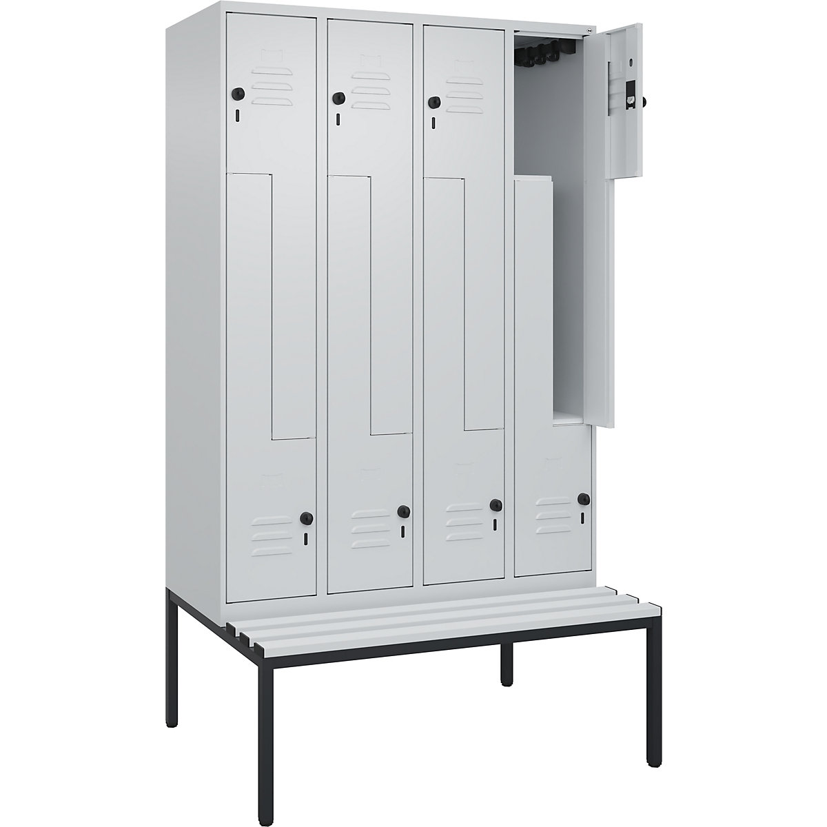 Armadietto a Z Classic PLUS con panca – C+P, 4 scomparti, grigio chiaro, largh. 1200 mm, serratura girevole di sicurezza, panca integrata, plastica-0