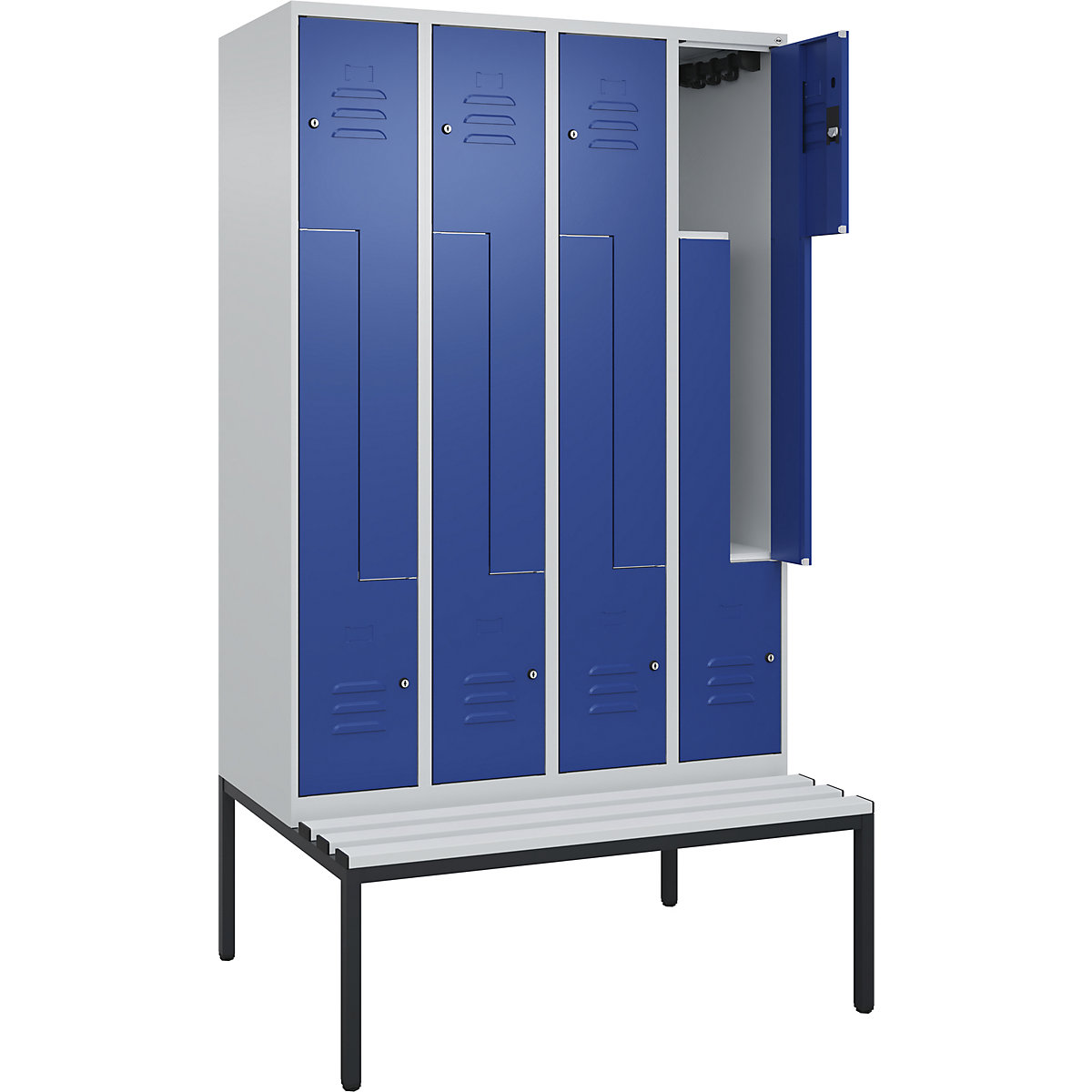 Armadietto a Z Classic PLUS con panca – C+P, 4 scomparti, grigio chiaro / blu genziana, largh. 1200 mm, serratura a cilindro, panca integrata, plastica-0