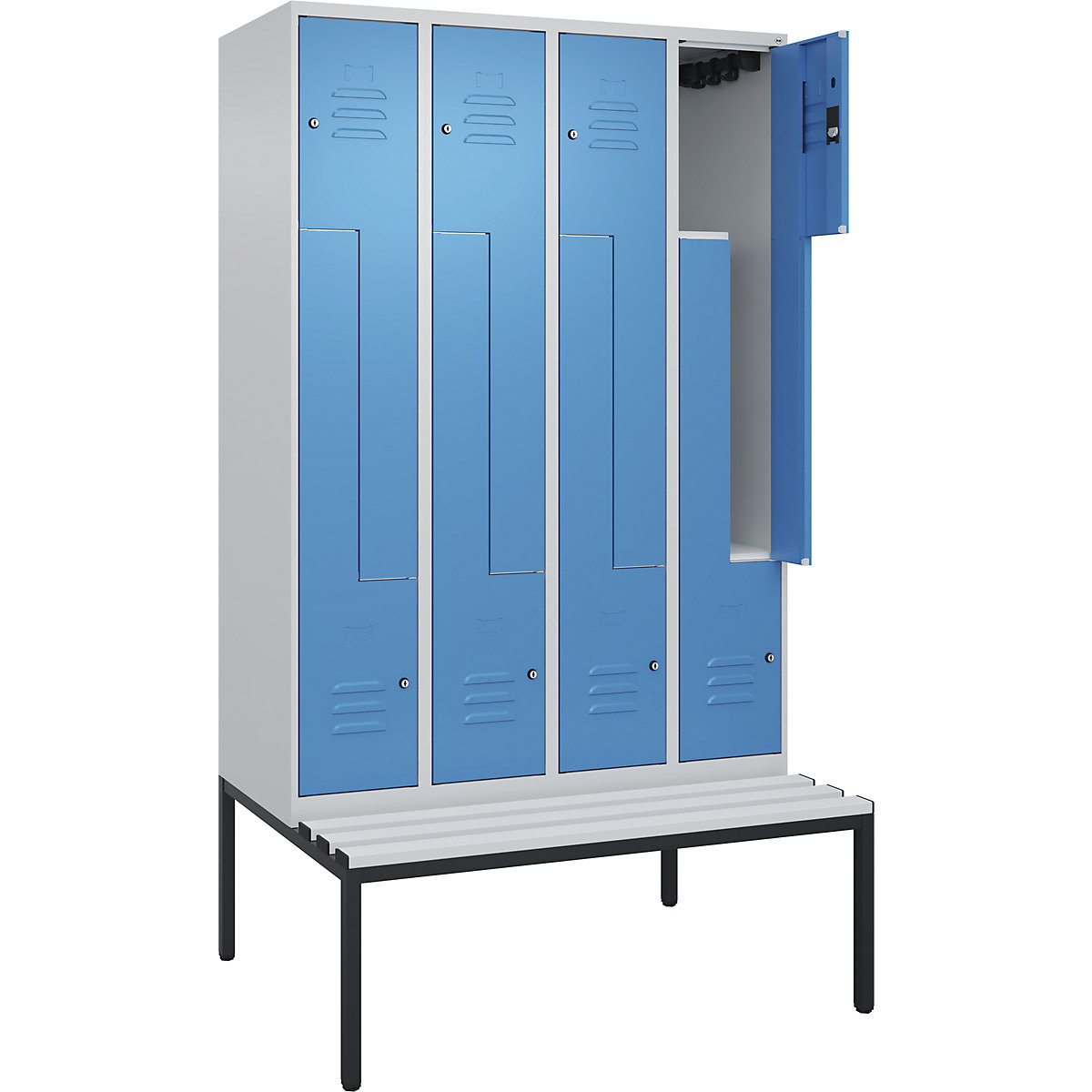 Armadietto a Z Classic PLUS con panca – C+P, 4 scomparti, grigio chiaro / blu chiaro, largh. 1200 mm, serratura a cilindro, panca integrata, plastica-0