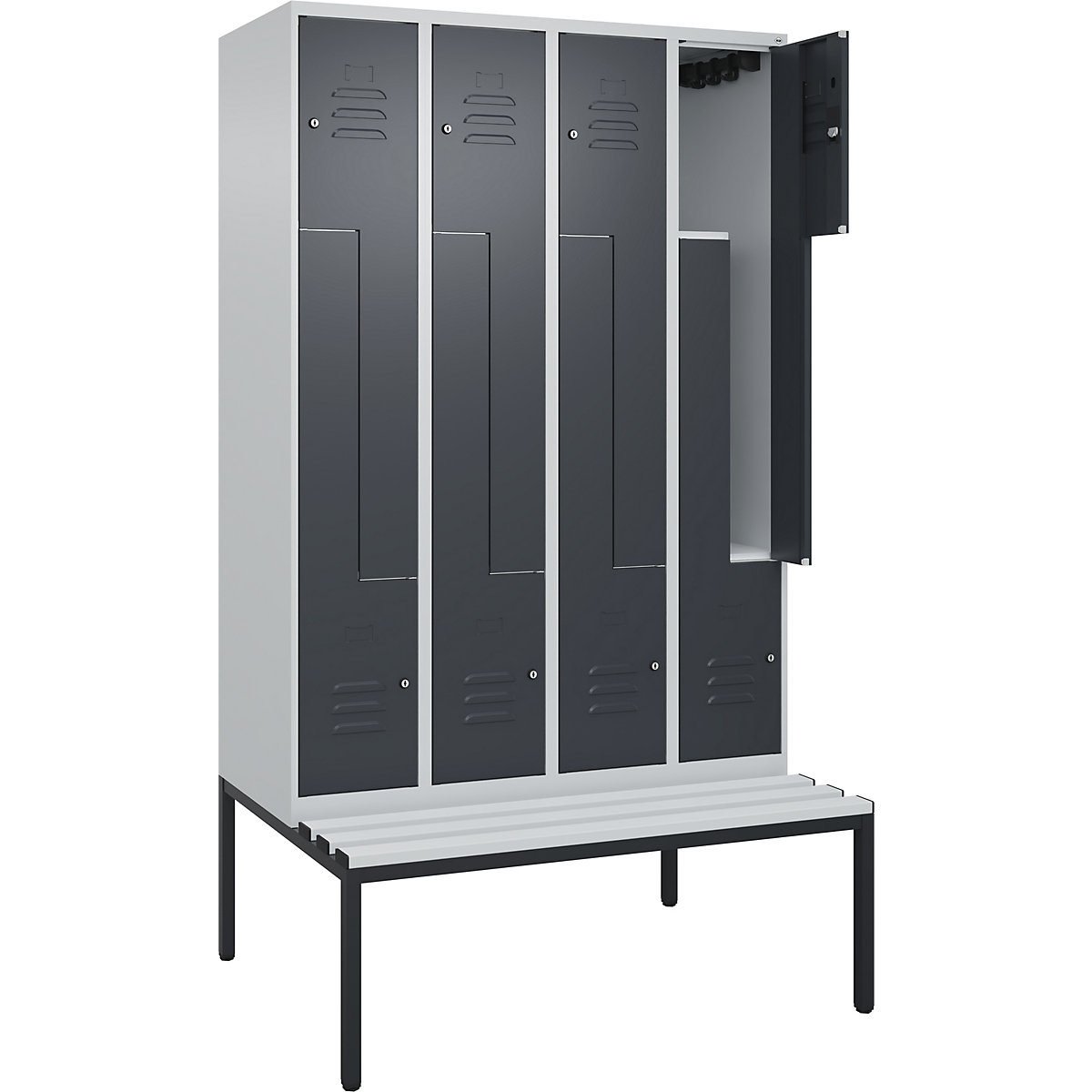 Armadietto a Z Classic PLUS con panca – C+P, 4 scomparti, grigio chiaro / grigio, largh. 1200 mm, serratura a cilindro, panca integrata, plastica-0