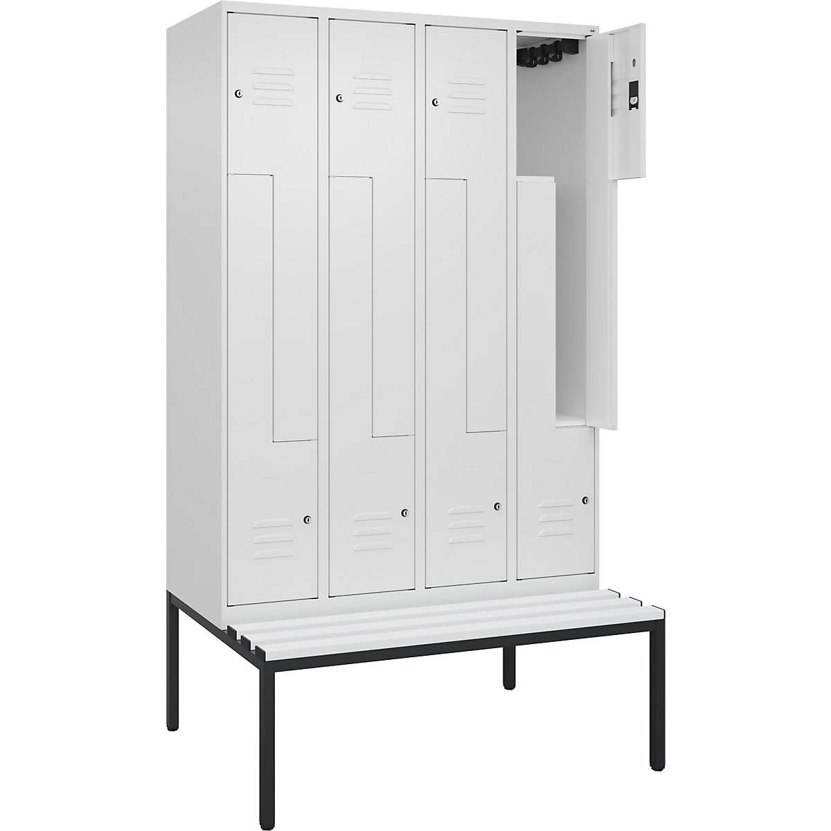 Armadietto a Z Classic PLUS con panca – C+P, 4 scomparti, bianco traffico, largh. 1200 mm, serratura a cilindro, panca integrata, plastica-0