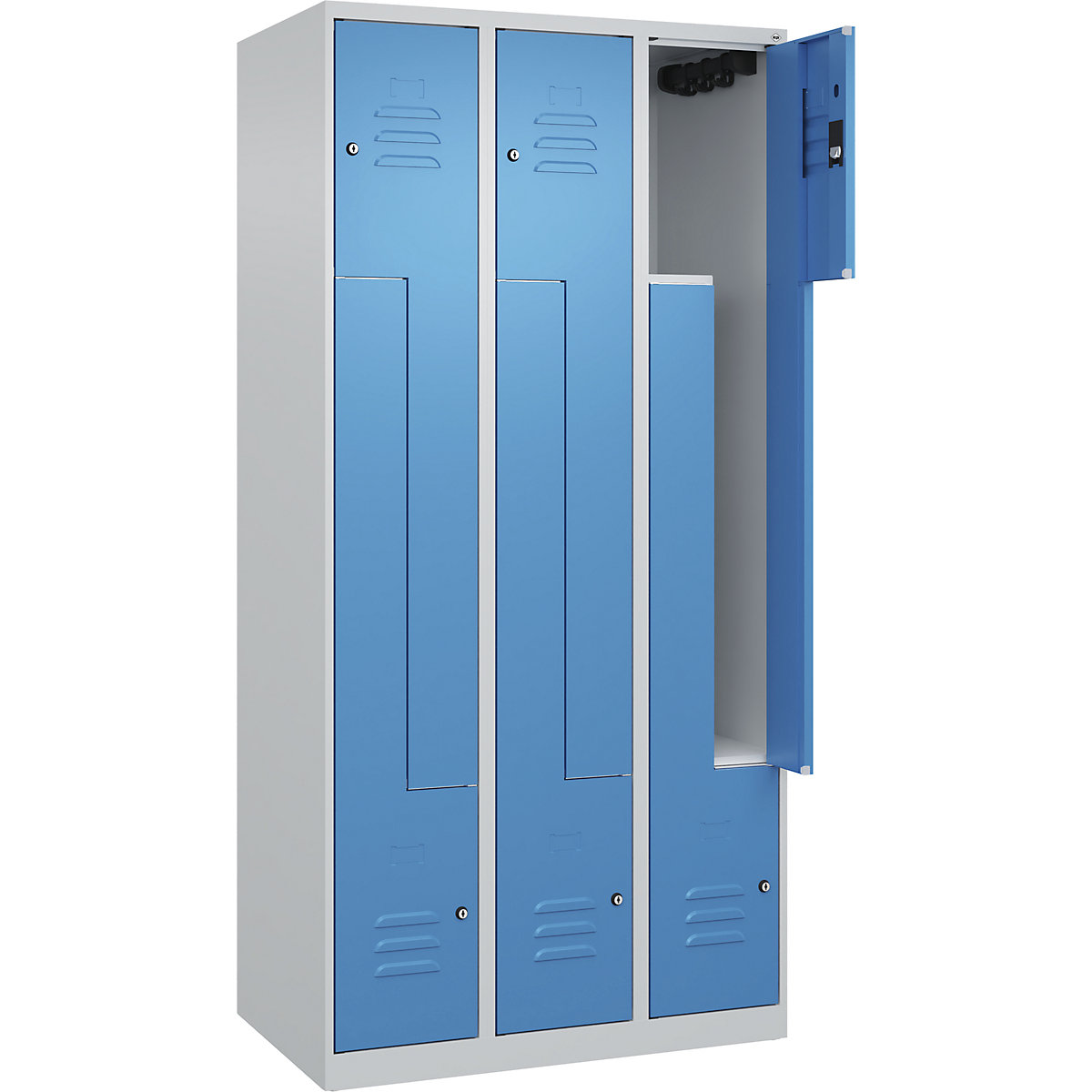 Armadietto a Z Classic PLUS – C+P, 3 scomparti, grigio chiaro / blu chiaro, largh. 900 mm, con piedini a pavimento, serratura a cilindro-0
