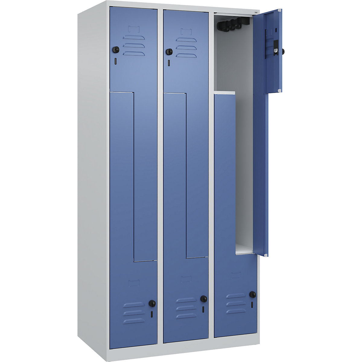Armadietto a Z Classic PLUS – C+P, 3 scomparti, grigio chiaro / indaco, largh. 900 mm, con piedini a pavimento, serratura girevole-0