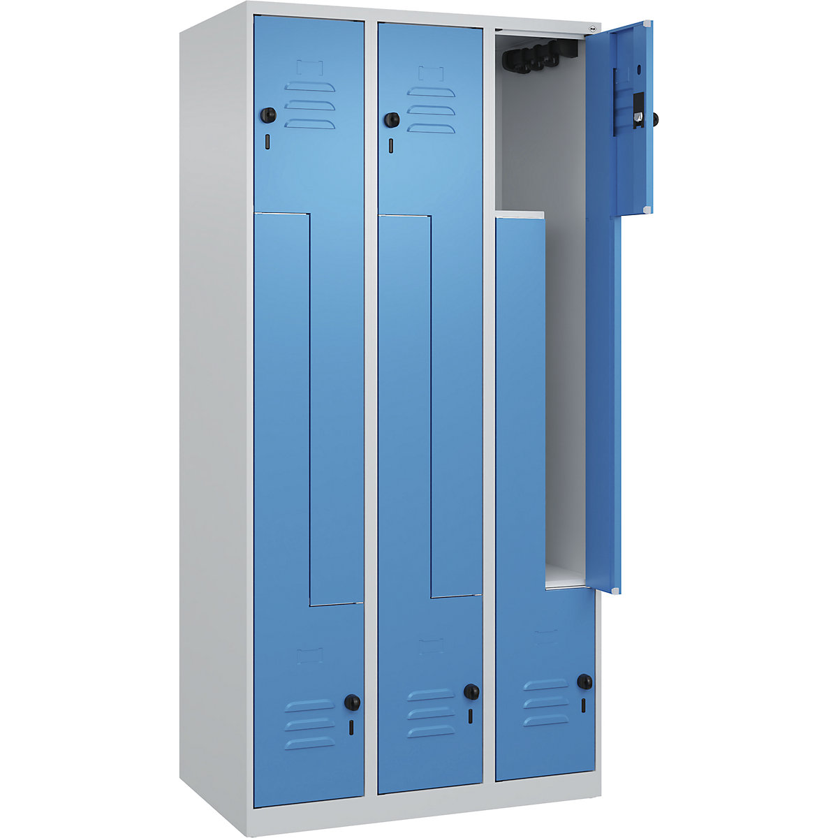 Armadietto a Z Classic PLUS – C+P, 3 scomparti, grigio chiaro / blu chiaro, largh. 900 mm, con piedini a pavimento, serratura girevole-0