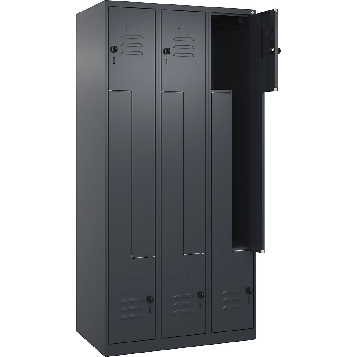 Armadietto a Z Classic PLUS – C+P, 3 scomparti, grigio, largh. 900 mm, con piedini a pavimento, serratura girevole-0