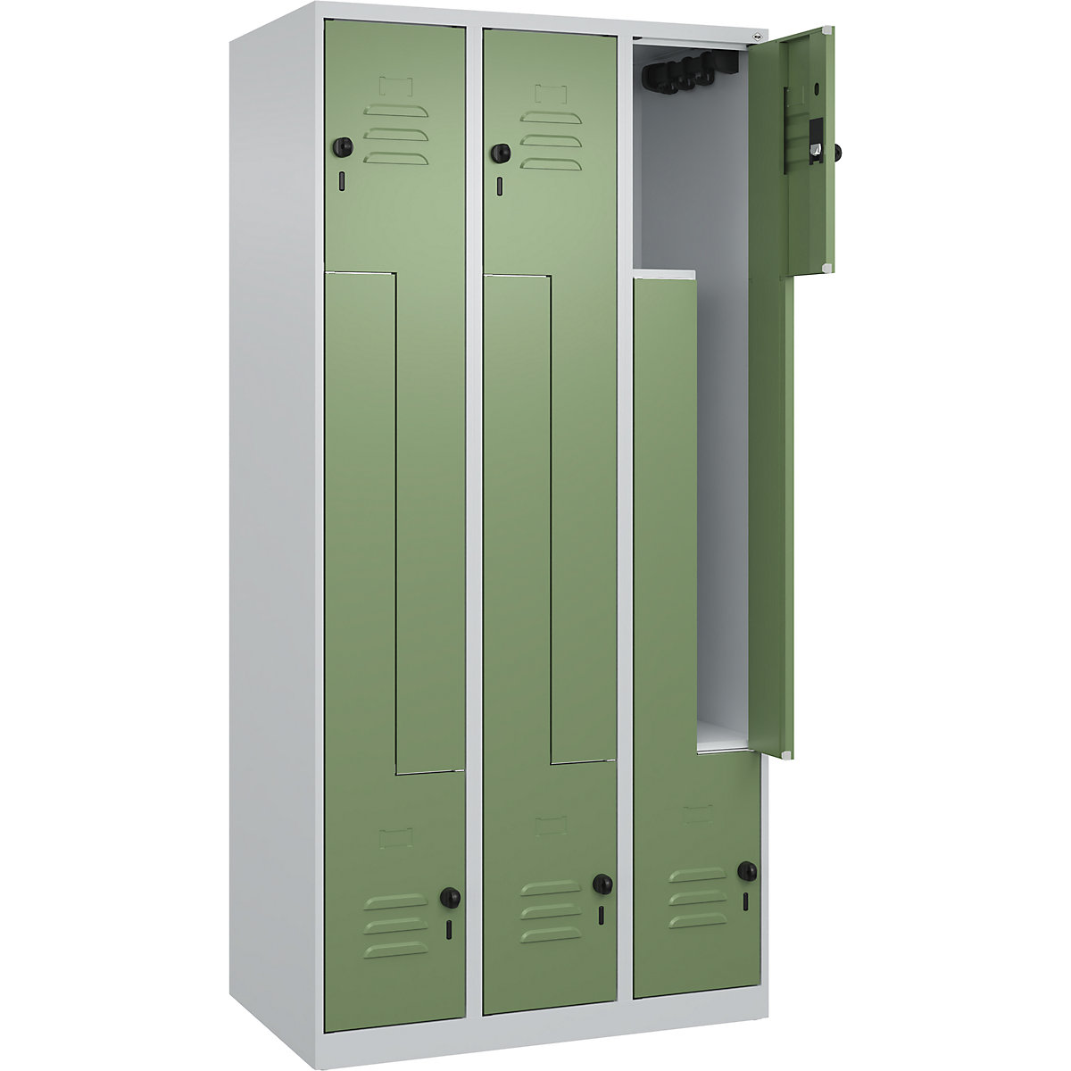 Armadietto a Z Classic PLUS – C+P, 3 scomparti, grigio chiaro / verde reseda, largh. 900 mm, con piedini a pavimento, serratura girevole-0