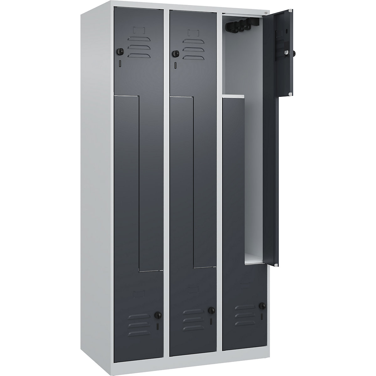 Armadietto a Z Classic PLUS – C+P, 3 scomparti, grigio chiaro / grigio, largh. 900 mm, con piedini a pavimento, serratura girevole-0