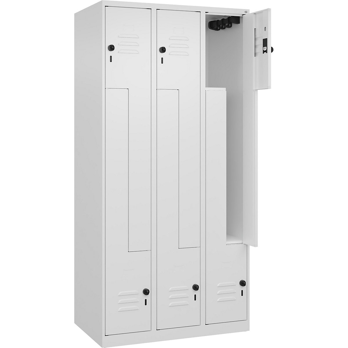 Armadietto a Z Classic PLUS – C+P, 3 scomparti, bianco traffico, largh. 900 mm, con piedini a pavimento, serratura girevole-0