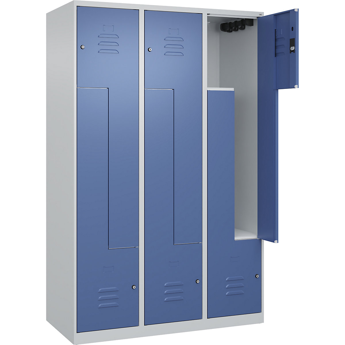 Armadietto a Z Classic PLUS – C+P, 3 scomparti, grigio chiaro / indaco, largh. 1200 mm, con piedini a pavimento, serratura a cilindro-0