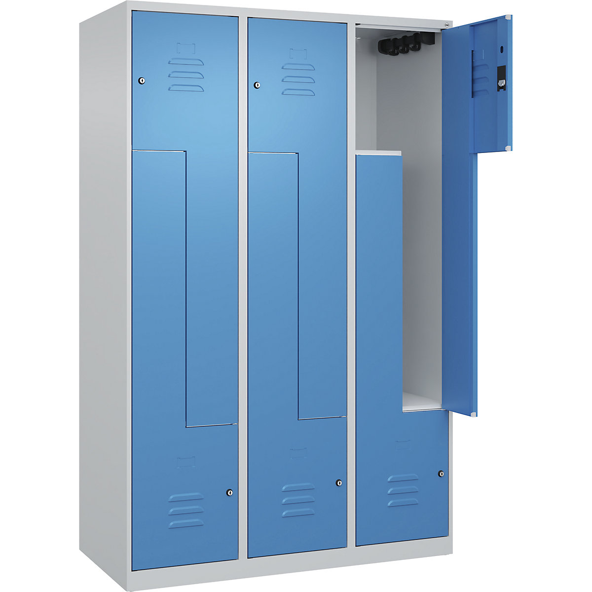 Armadietto a Z Classic PLUS – C+P, 3 scomparti, grigio chiaro / blu chiaro, largh. 1200 mm, con piedini a pavimento, serratura a cilindro-0