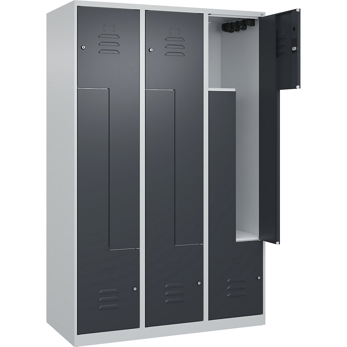 Armadietto a Z Classic PLUS – C+P, 3 scomparti, grigio chiaro / grigio, largh. 1200 mm, con piedini a pavimento, serratura a cilindro-0