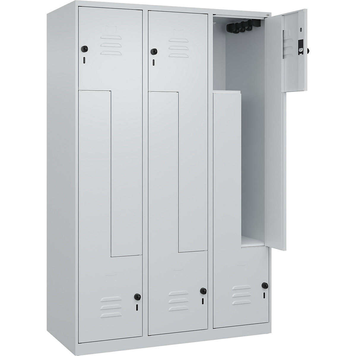 Armadietto a Z Classic PLUS – C+P, 3 scomparti, grigio chiaro, largh. 1200 mm, con piedini a pavimento, serratura girevole-0