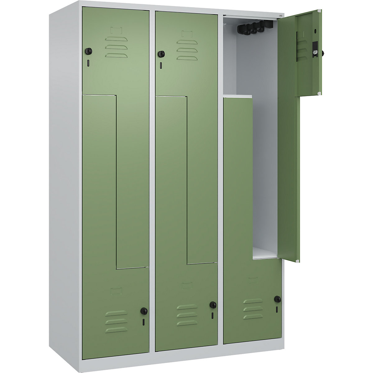 Armadietto a Z Classic PLUS – C+P, 3 scomparti, grigio chiaro / verde reseda, largh. 1200 mm, con piedini a pavimento, serratura girevole-0