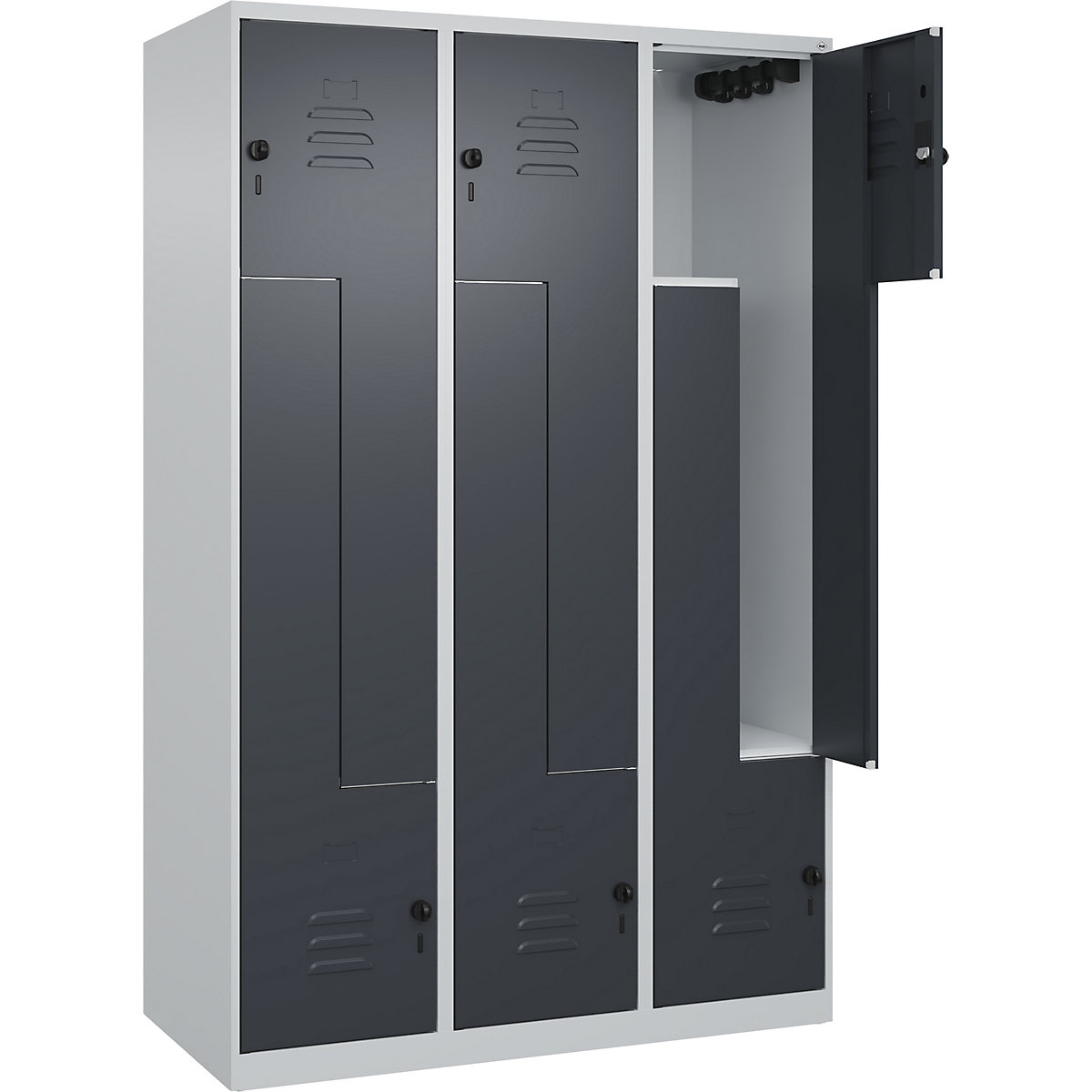 Armadietto a Z Classic PLUS – C+P, 3 scomparti, grigio chiaro / grigio, largh. 1200 mm, con piedini a pavimento, serratura girevole-0