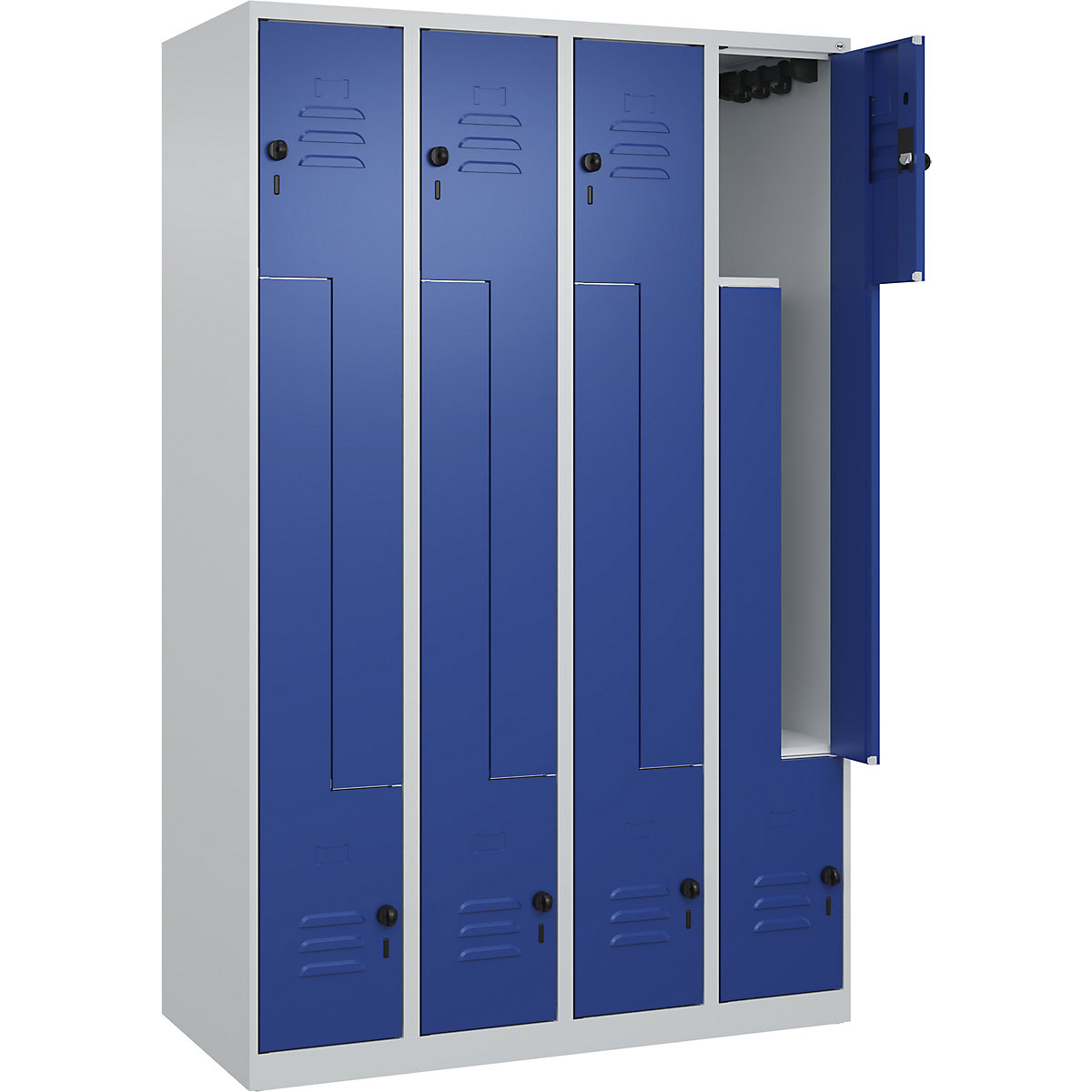 Armadietto a Z Classic PLUS – C+P, 4 scomparti, grigio chiaro / blu genziana, largh. 1200 mm, con piedini a pavimento, serratura girevole-0