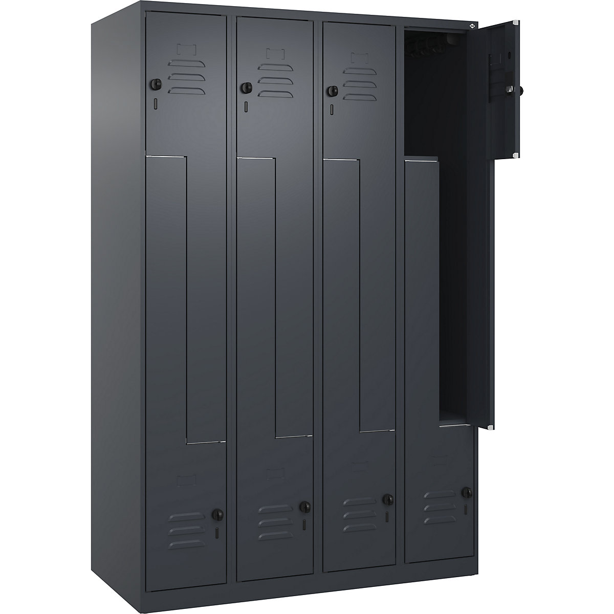 Armadietto a Z Classic PLUS – C+P, 4 scomparti, grigio, largh. 1200 mm, con piedini a pavimento, serratura girevole-0