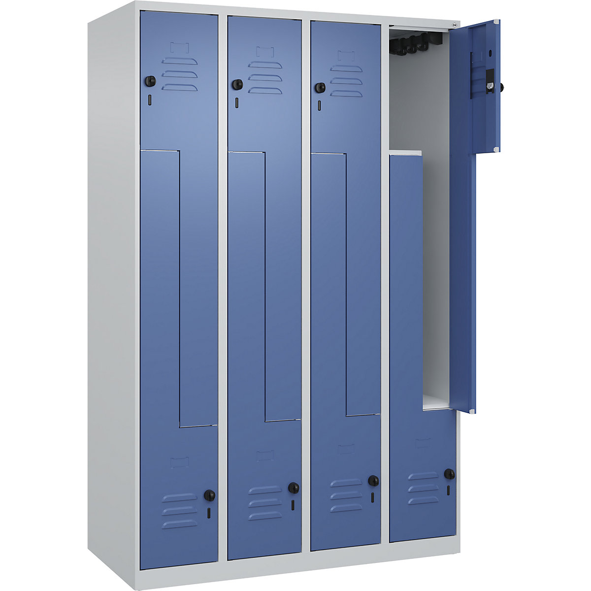 Armadietto a Z Classic PLUS – C+P, 4 scomparti, grigio chiaro / indaco, largh. 1200 mm, con piedini a pavimento, serratura girevole-0