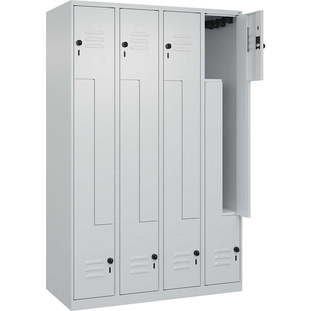 Armadietto a Z Classic PLUS – C+P, 4 scomparti, grigio chiaro, largh. 1200 mm, con piedini a pavimento, serratura girevole-0