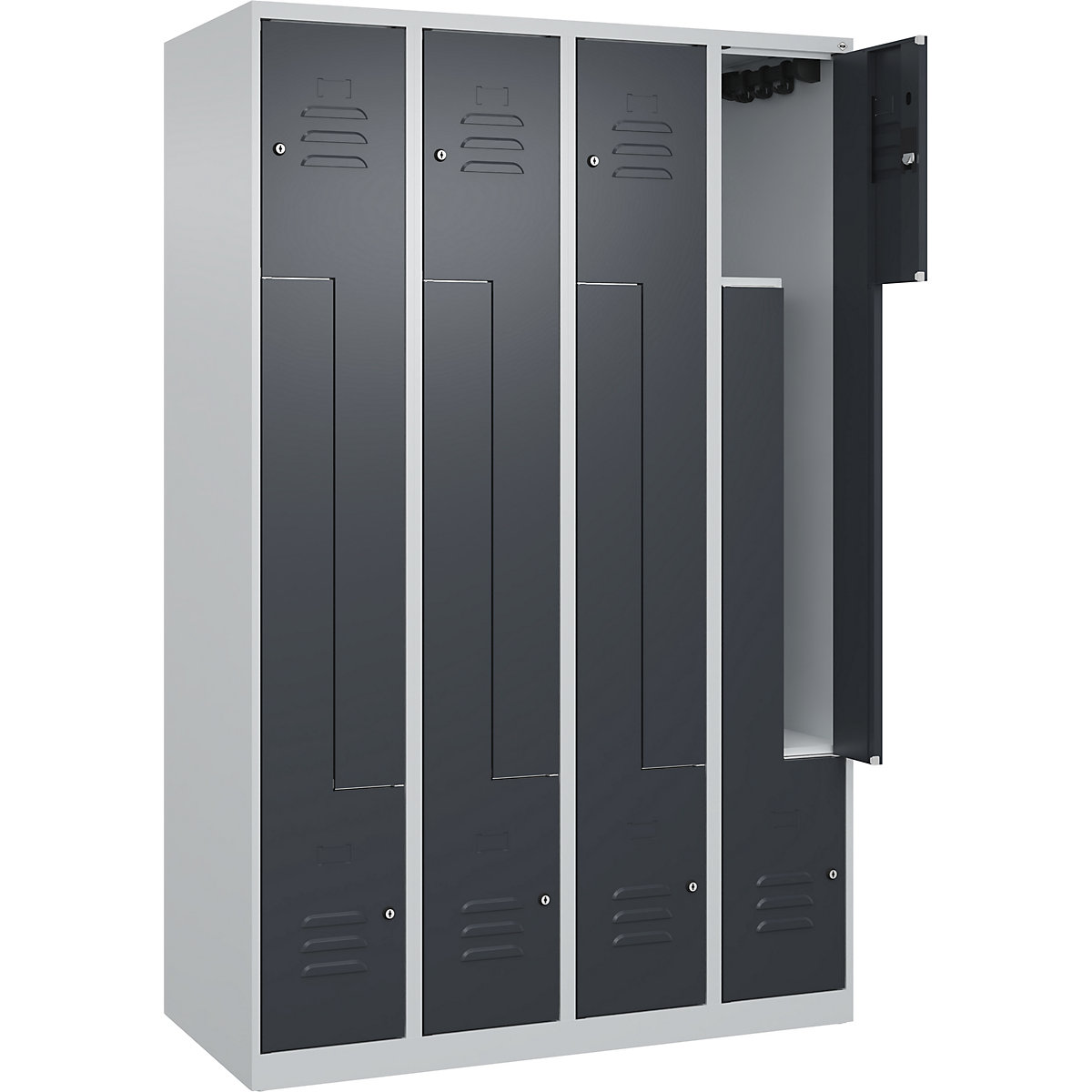 Armadietto a Z Classic PLUS – C+P, 4 scomparti, grigio chiaro / grigio, largh. 1200 mm, con piedini a pavimento, serratura a cilindro-0