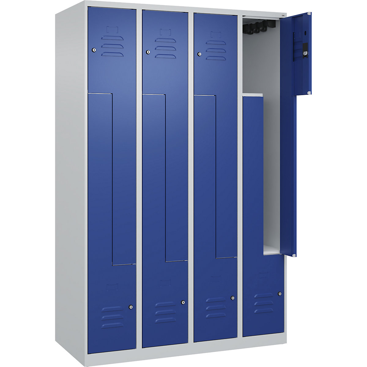 Armadietto a Z Classic PLUS – C+P, 4 scomparti, grigio chiaro / blu genziana, largh. 1200 mm, con piedini a pavimento, serratura a cilindro-0