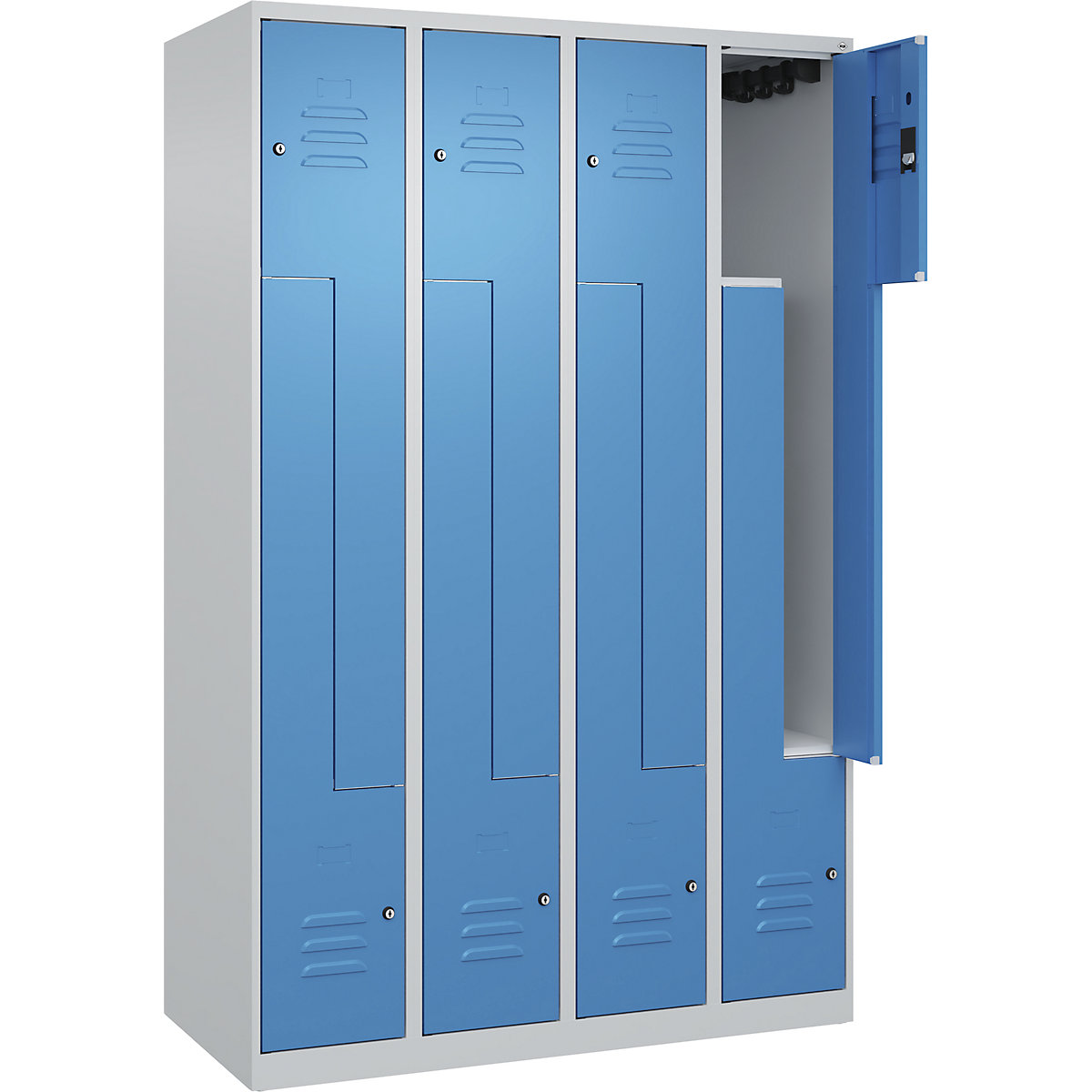 Armadietto a Z Classic PLUS – C+P, 4 scomparti, grigio chiaro / blu chiaro, largh. 1200 mm, con piedini a pavimento, serratura a cilindro-0