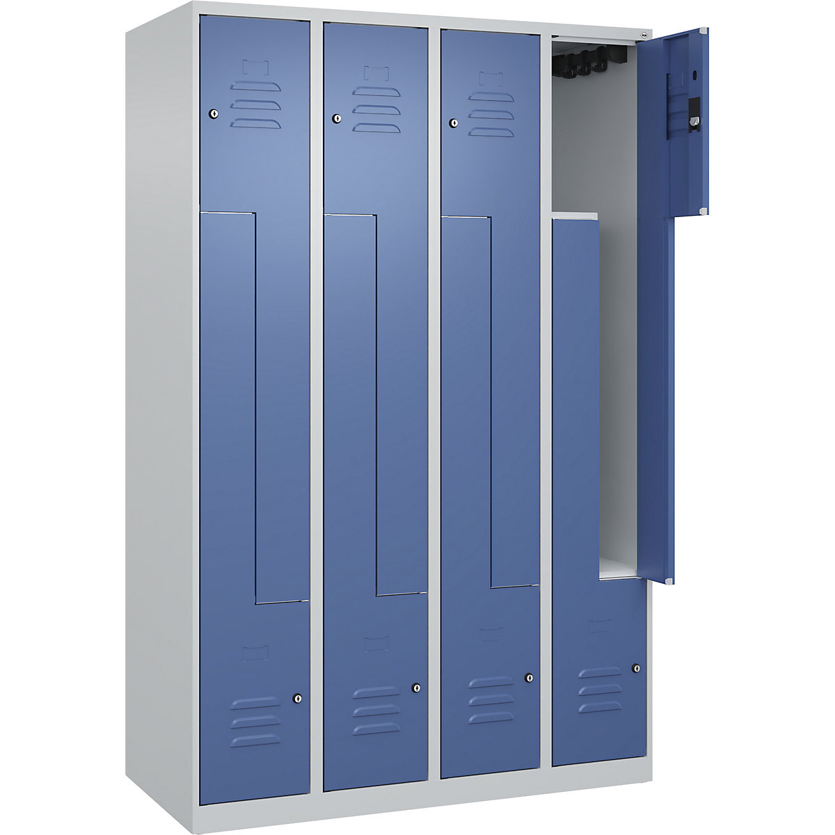Armadietto a Z Classic PLUS – C+P, 4 scomparti, grigio chiaro / indaco, largh. 1200 mm, con piedini a pavimento, serratura a cilindro-0