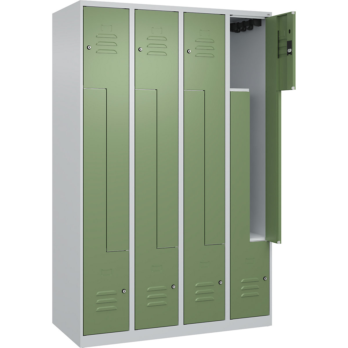 Armadietto a Z Classic PLUS – C+P, 4 scomparti, grigio chiaro / verde reseda, largh. 1200 mm, con piedini a pavimento, serratura a cilindro-0