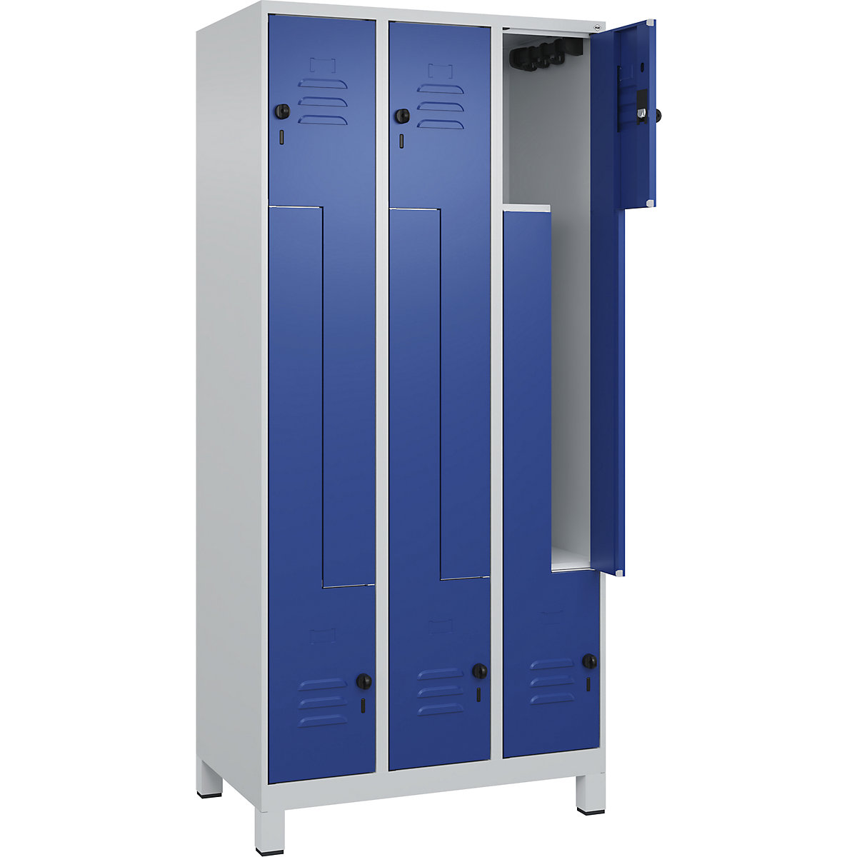 Armadietto a Z Classic PLUS – C+P, 3 scomparti, grigio chiaro / blu genziana, largh. 900 mm, con piedini, serratura girevole-0