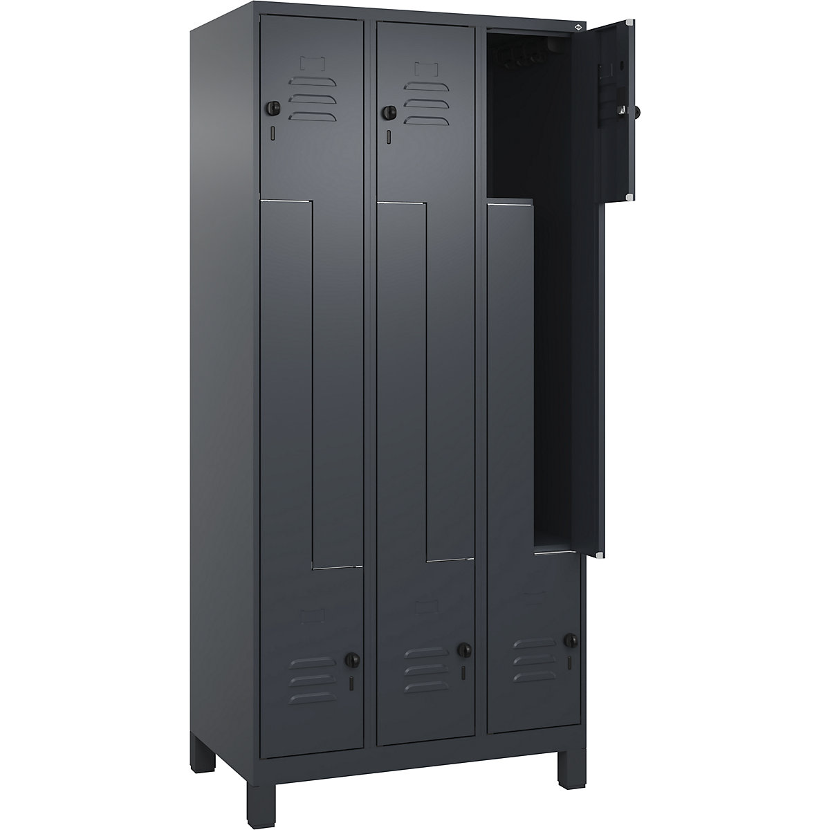 Armadietto a Z Classic PLUS – C+P, 3 scomparti, grigio, largh. 900 mm, con piedini, serratura girevole-0