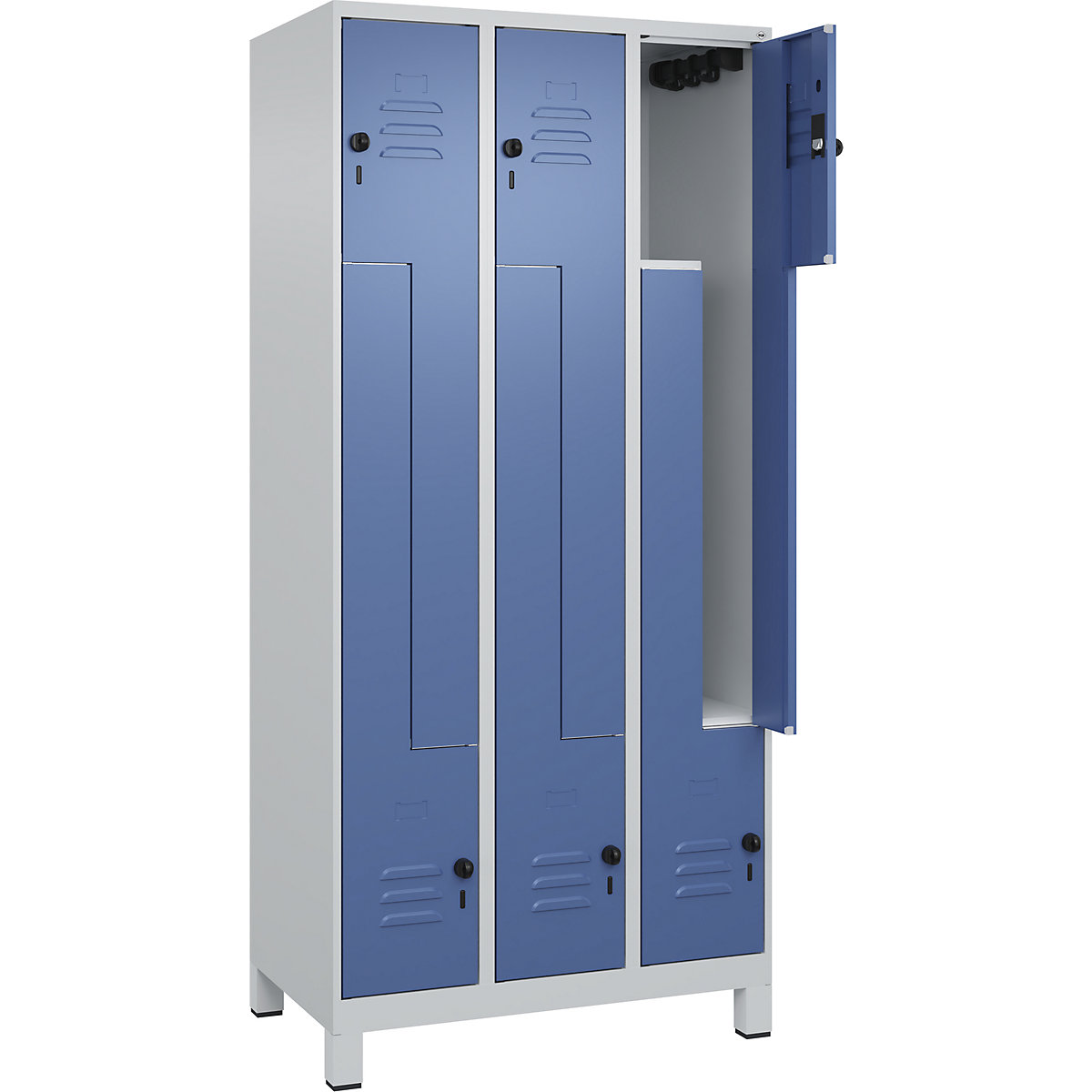 Armadietto a Z Classic PLUS – C+P, 3 scomparti, grigio chiaro / indaco, largh. 900 mm, con piedini, serratura girevole-0