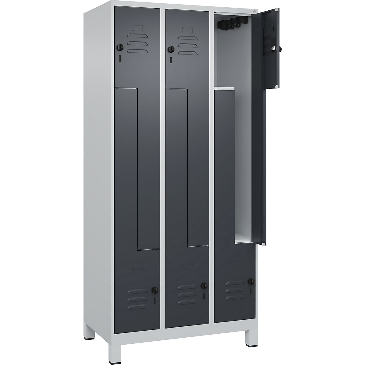 Armadietto a Z Classic PLUS – C+P, 3 scomparti, grigio chiaro / grigio, largh. 900 mm, con piedini, serratura girevole-0