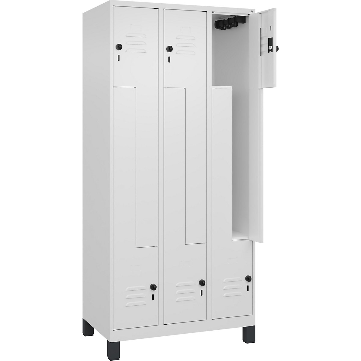 Armadietto a Z Classic PLUS – C+P, 3 scomparti, bianco traffico, largh. 900 mm, con piedini, serratura girevole-0