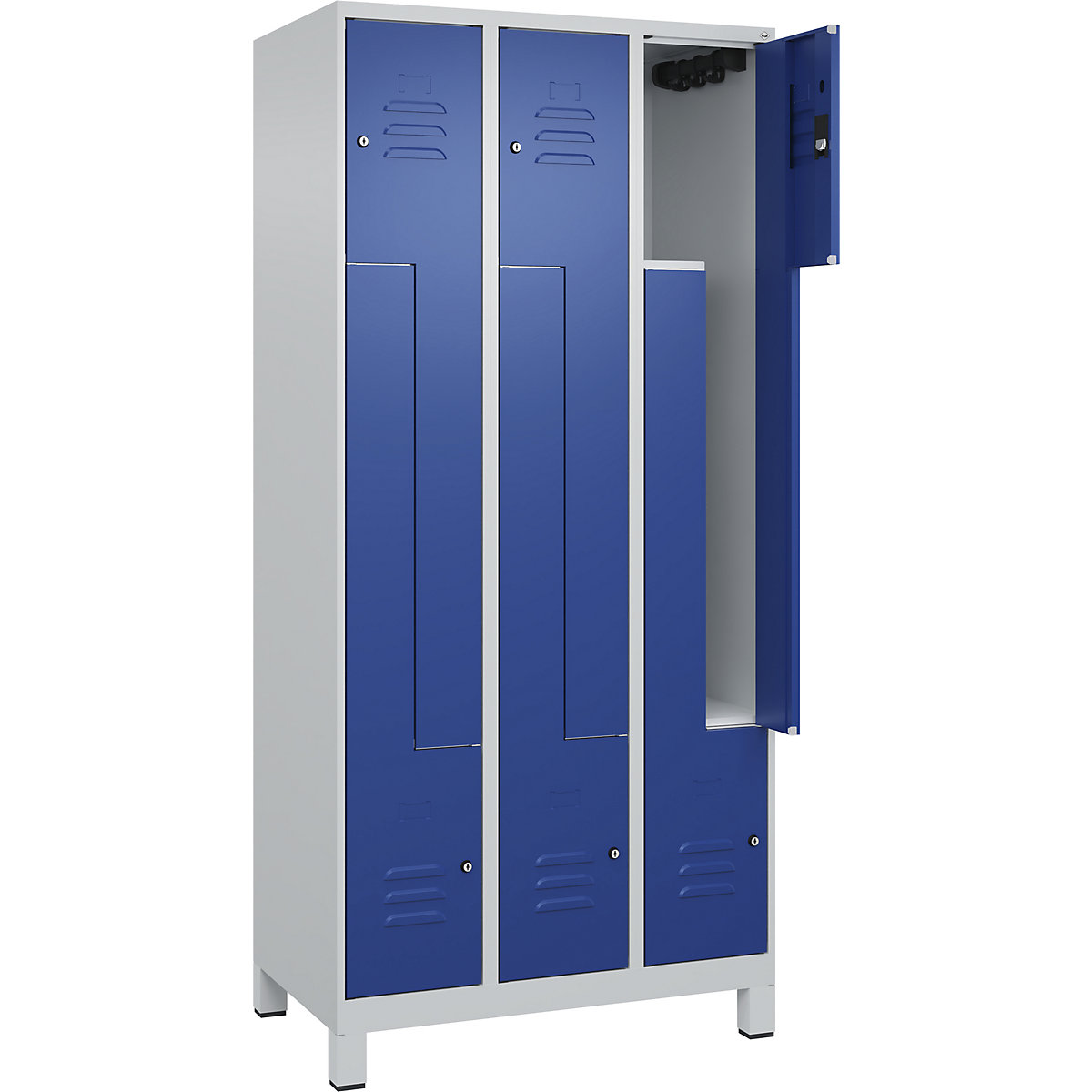 Armadietto a Z Classic PLUS – C+P, 3 scomparti, grigio chiaro / blu genziana, largh. 900 mm, con piedini, serratura a cilindro-0