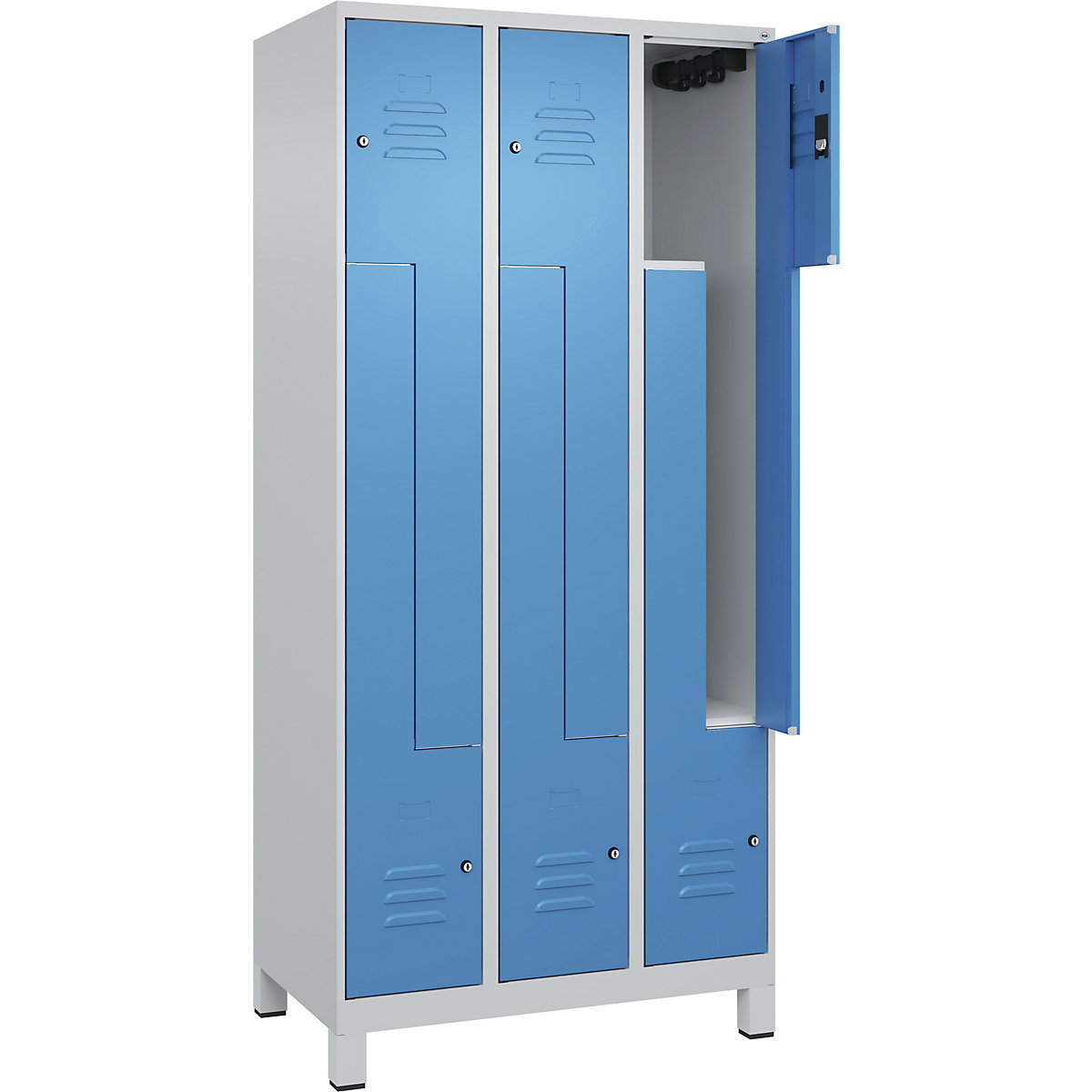 Armadietto a Z Classic PLUS – C+P, 3 scomparti, grigio chiaro / blu chiaro, largh. 900 mm, con piedini, serratura a cilindro-0