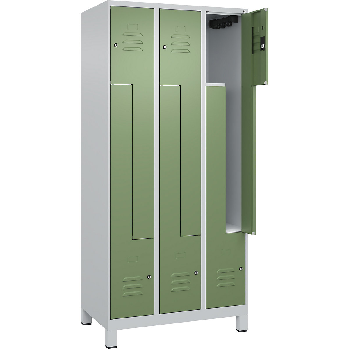 Armadietto a Z Classic PLUS – C+P, 3 scomparti, grigio chiaro / verde reseda, largh. 900 mm, con piedini, serratura a cilindro-0