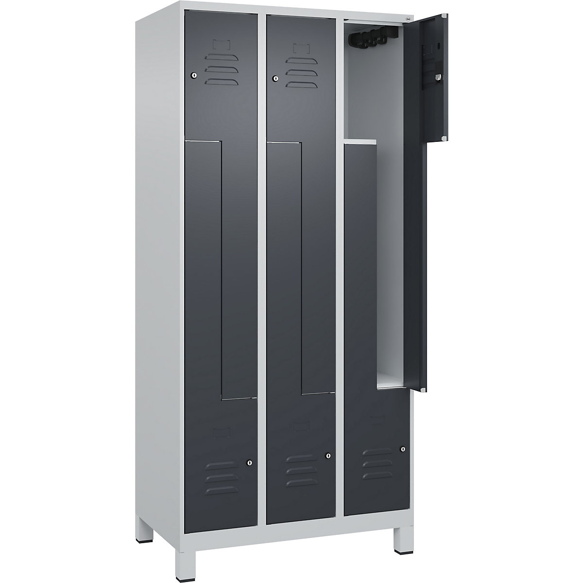 Armadietto a Z Classic PLUS – C+P, 3 scomparti, grigio chiaro / grigio, largh. 900 mm, con piedini, serratura a cilindro-0