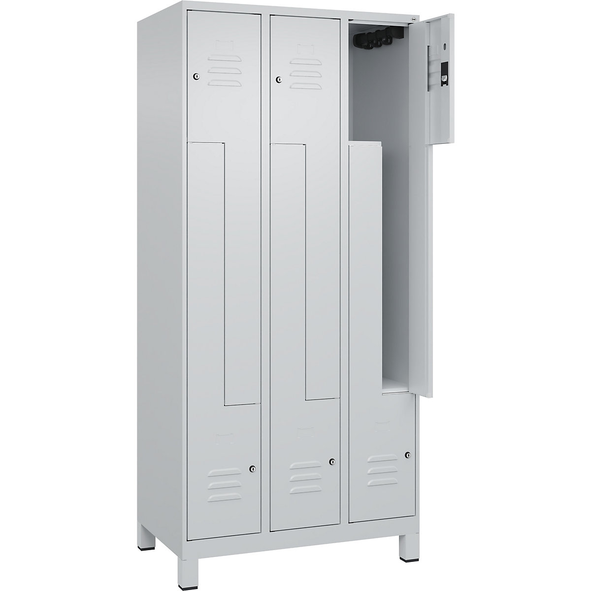 Armadietto a Z Classic PLUS – C+P, 3 scomparti, grigio chiaro, largh. 900 mm, con piedini, serratura a cilindro-0