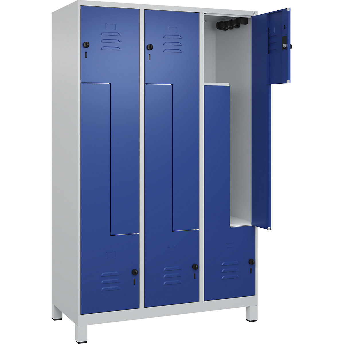 Armadietto a Z Classic PLUS – C+P, 3 scomparti, grigio chiaro / blu genziana, largh. 1200 mm, con piedini, serratura girevole-0