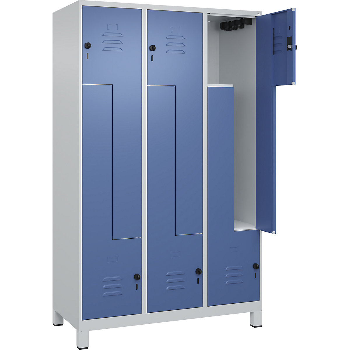Armadietto a Z Classic PLUS – C+P, 3 scomparti, grigio chiaro / indaco, largh. 1200 mm, con piedini, serratura girevole-0
