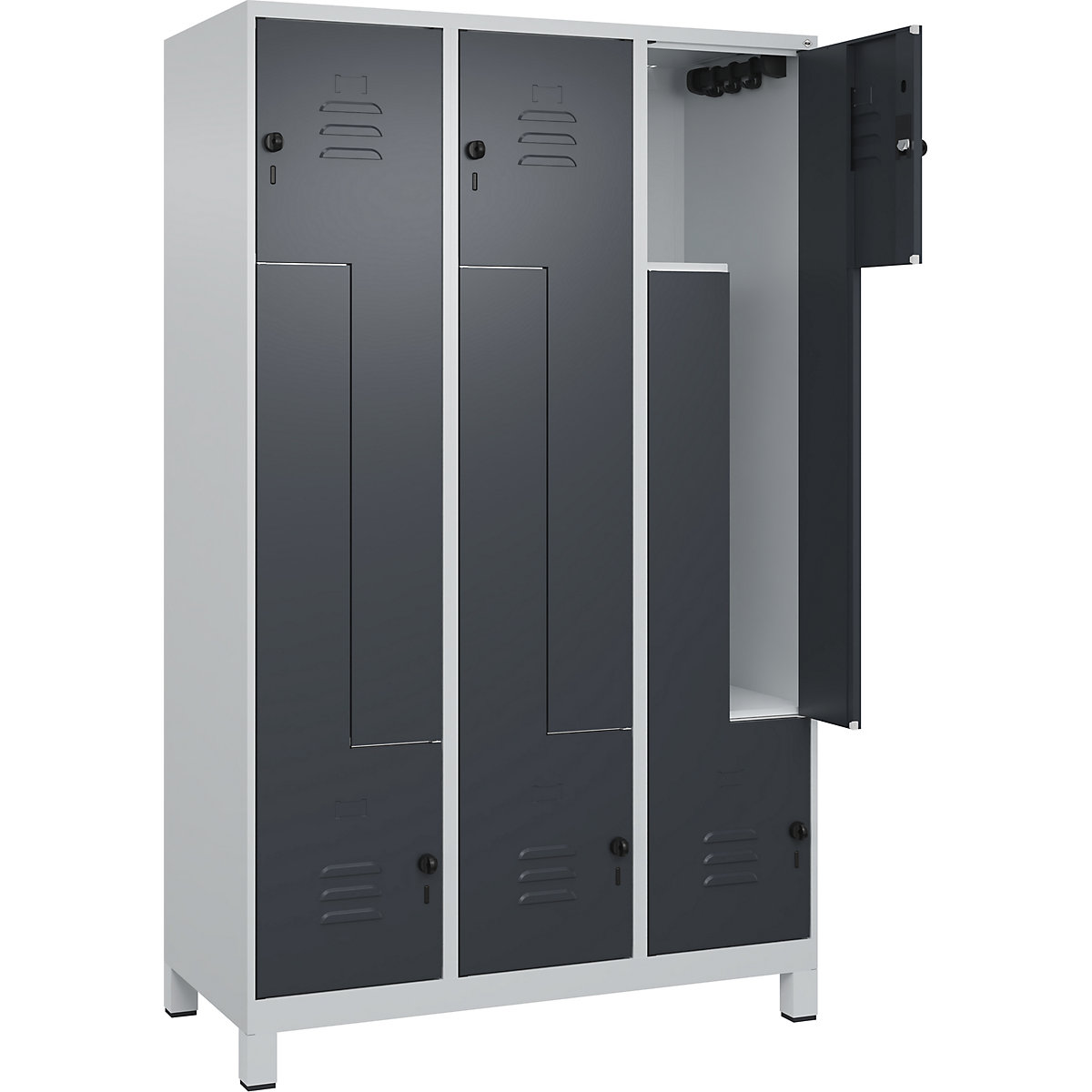 Armadietto a Z Classic PLUS – C+P, 3 scomparti, grigio chiaro / grigio, largh. 1200 mm, con piedini, serratura girevole-0