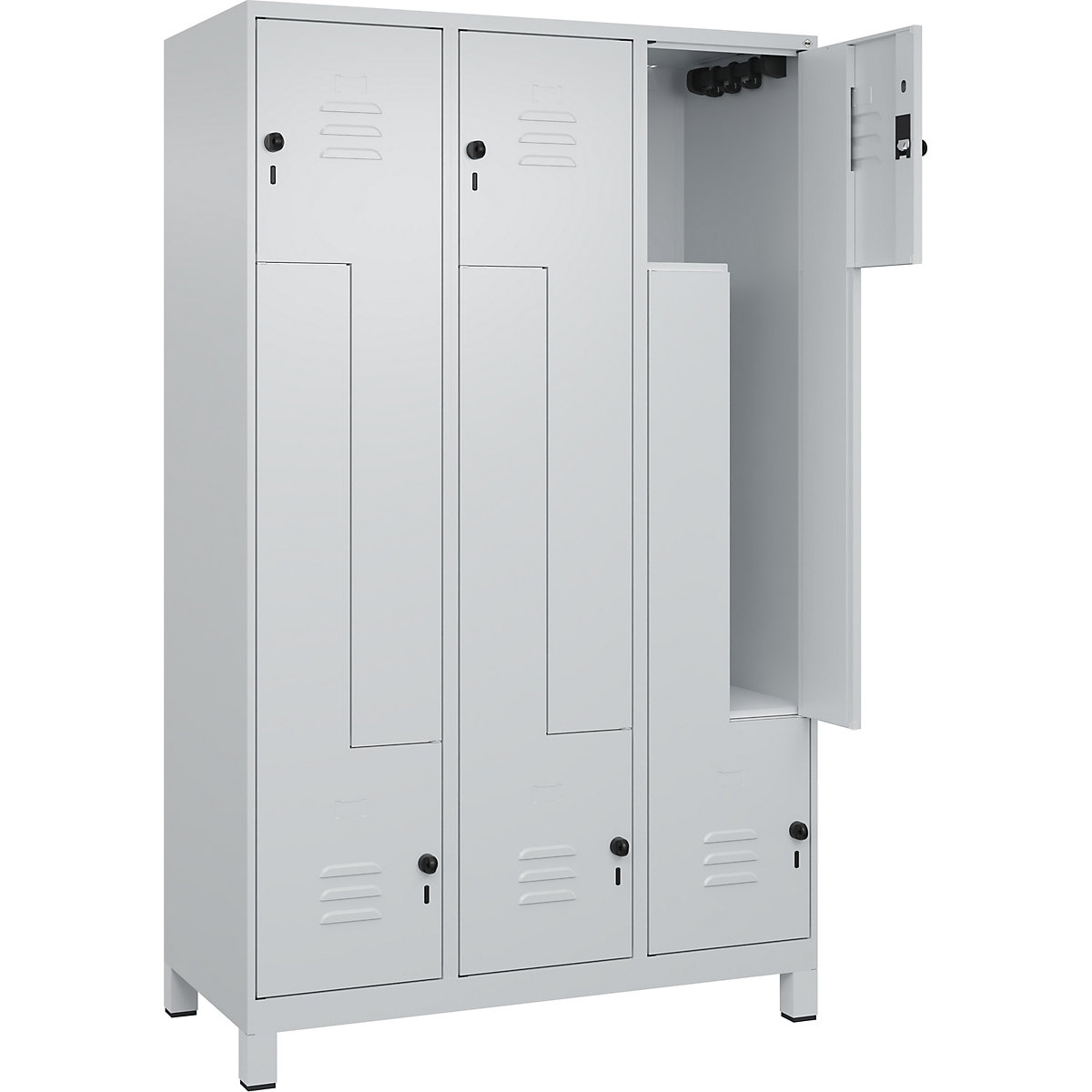 Armadietto a Z Classic PLUS – C+P, 3 scomparti, grigio chiaro, largh. 1200 mm, con piedini, serratura girevole-0