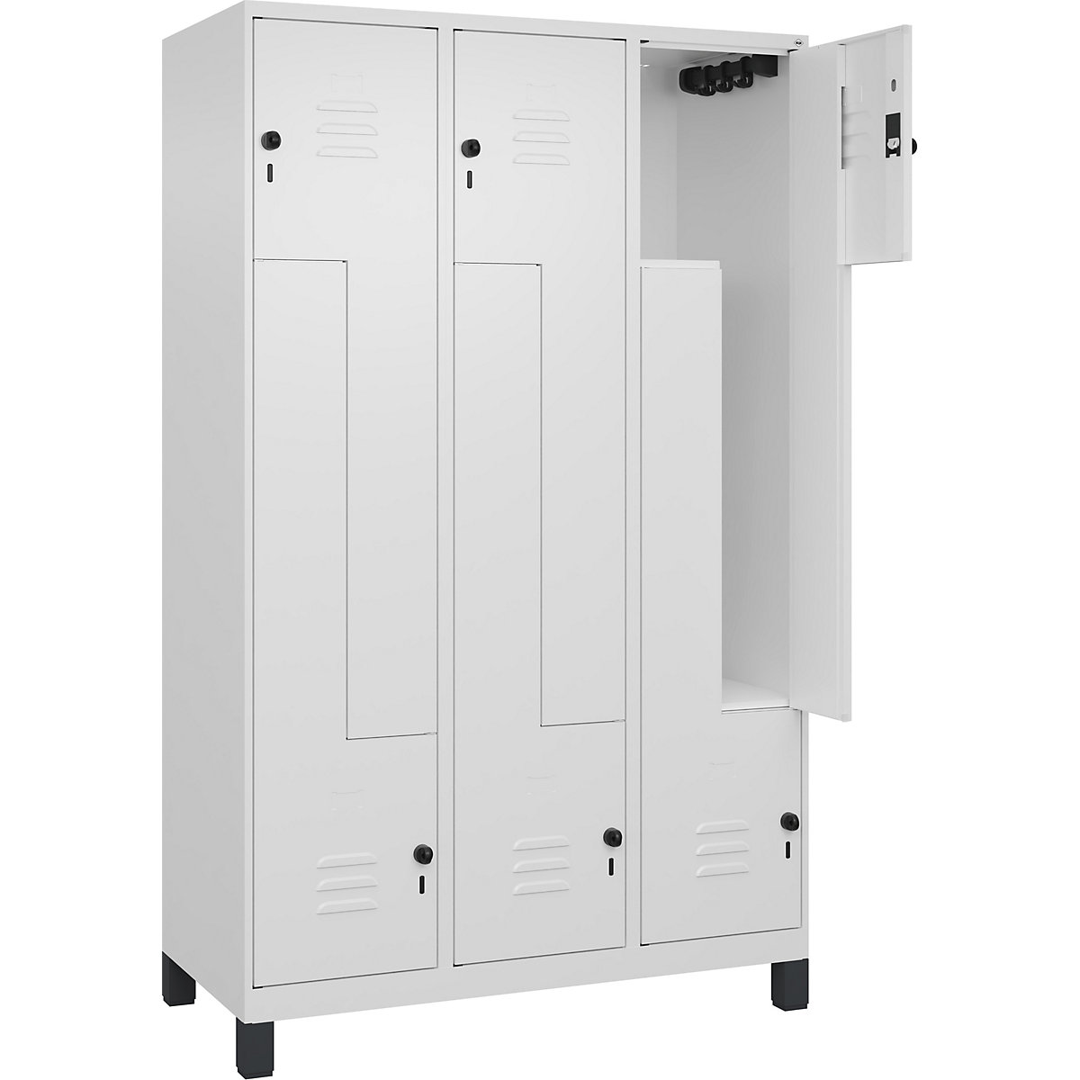 Armadietto a Z Classic PLUS – C+P, 3 scomparti, bianco traffico, largh. 1200 mm, con piedini, serratura girevole-0