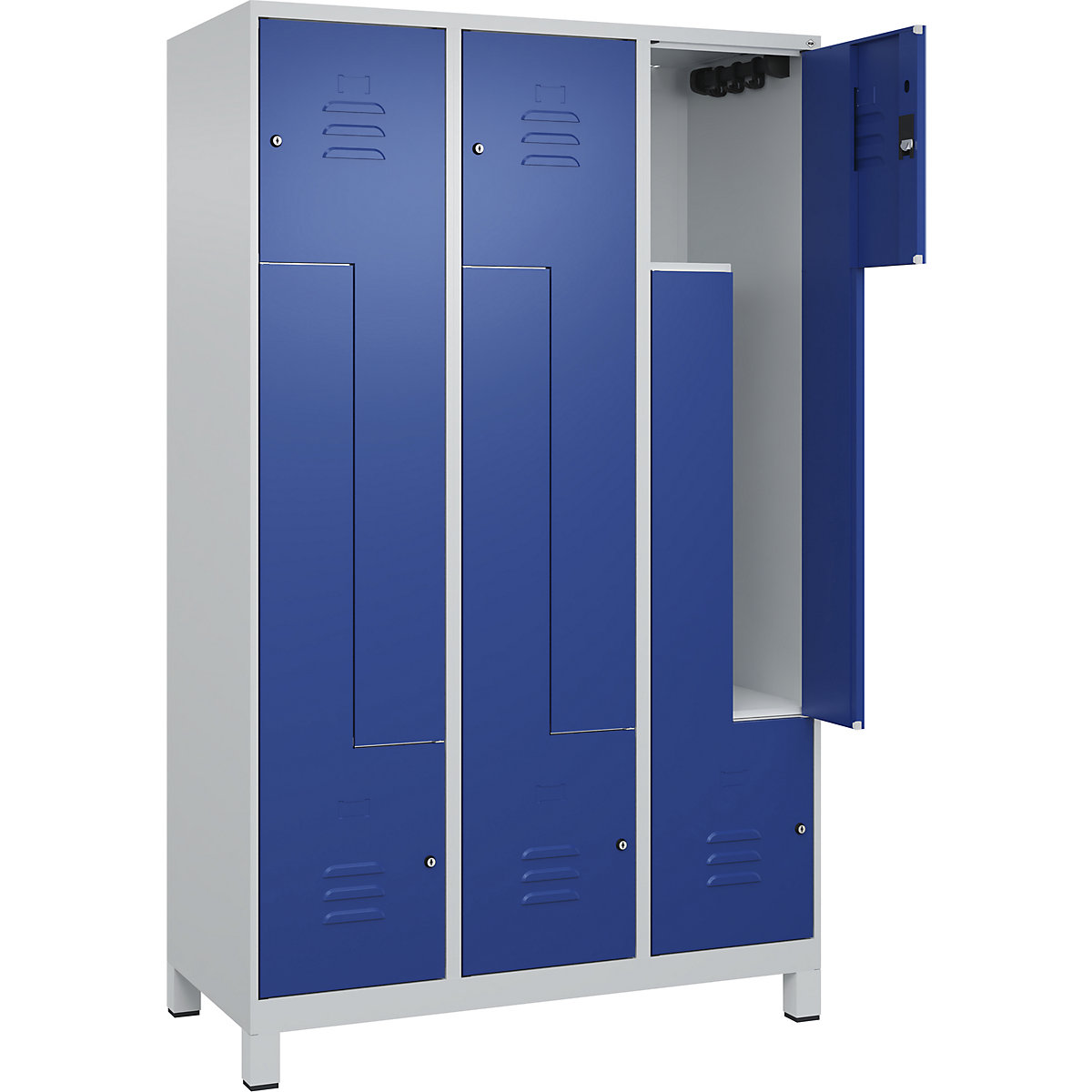 Armadietto a Z Classic PLUS – C+P, 3 scomparti, grigio chiaro / blu genziana, largh. 1200 mm, con piedini, serratura a cilindro-0