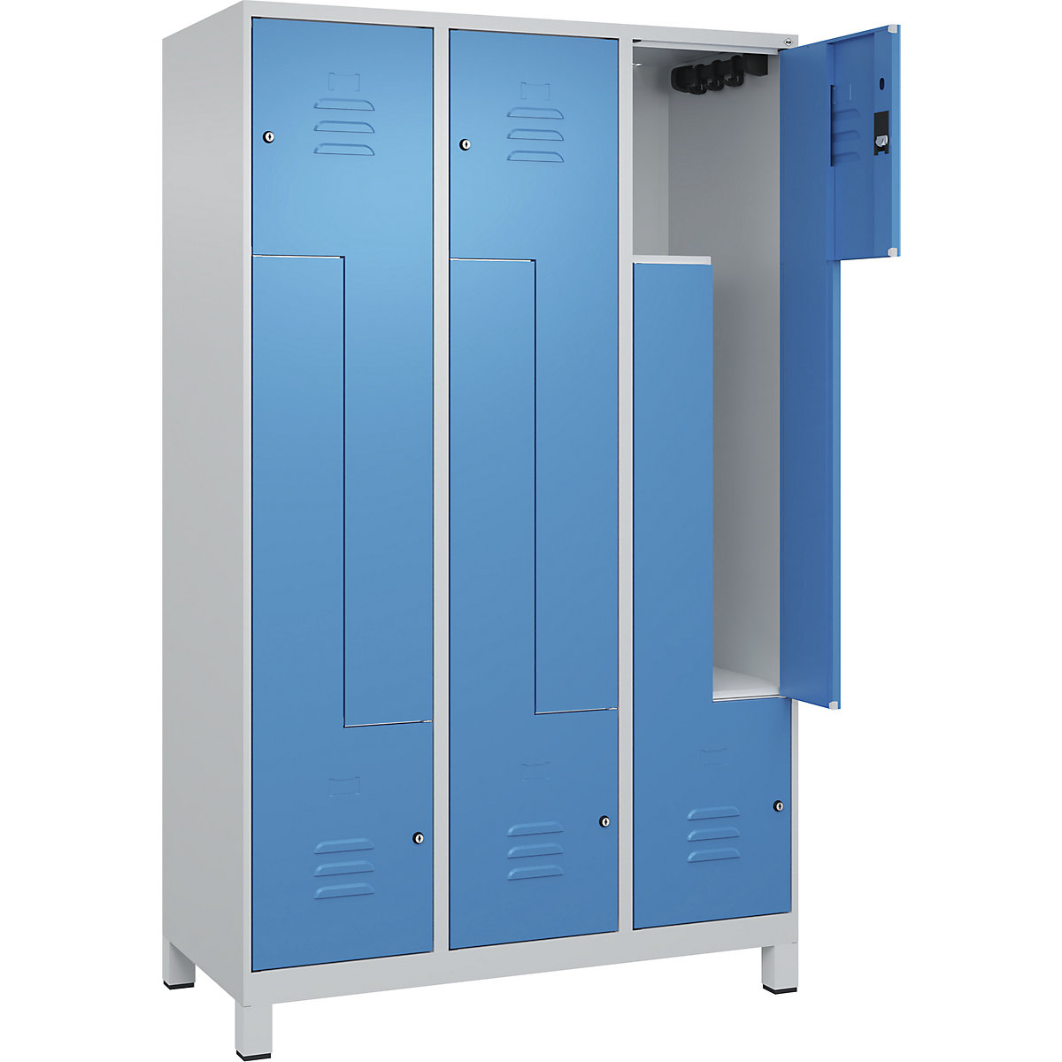 Armadietto a Z Classic PLUS – C+P, 3 scomparti, grigio chiaro / blu chiaro, largh. 1200 mm, con piedini, serratura a cilindro-0