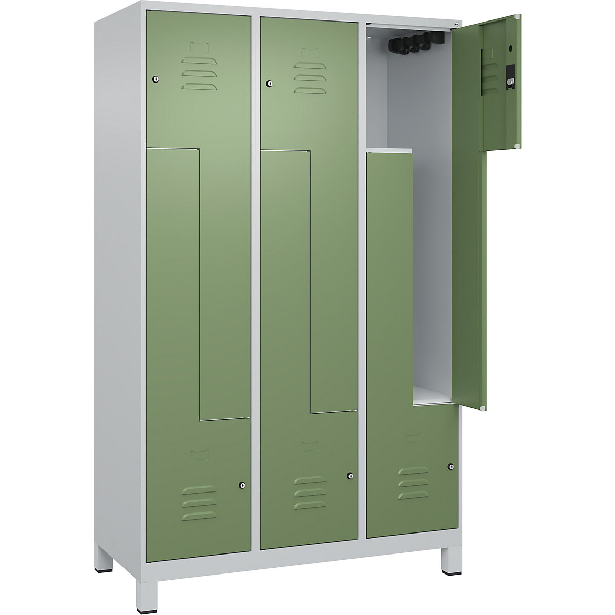 Armadietto a Z Classic PLUS – C+P, 3 scomparti, grigio chiaro / verde reseda, largh. 1200 mm, con piedini, serratura a cilindro-0