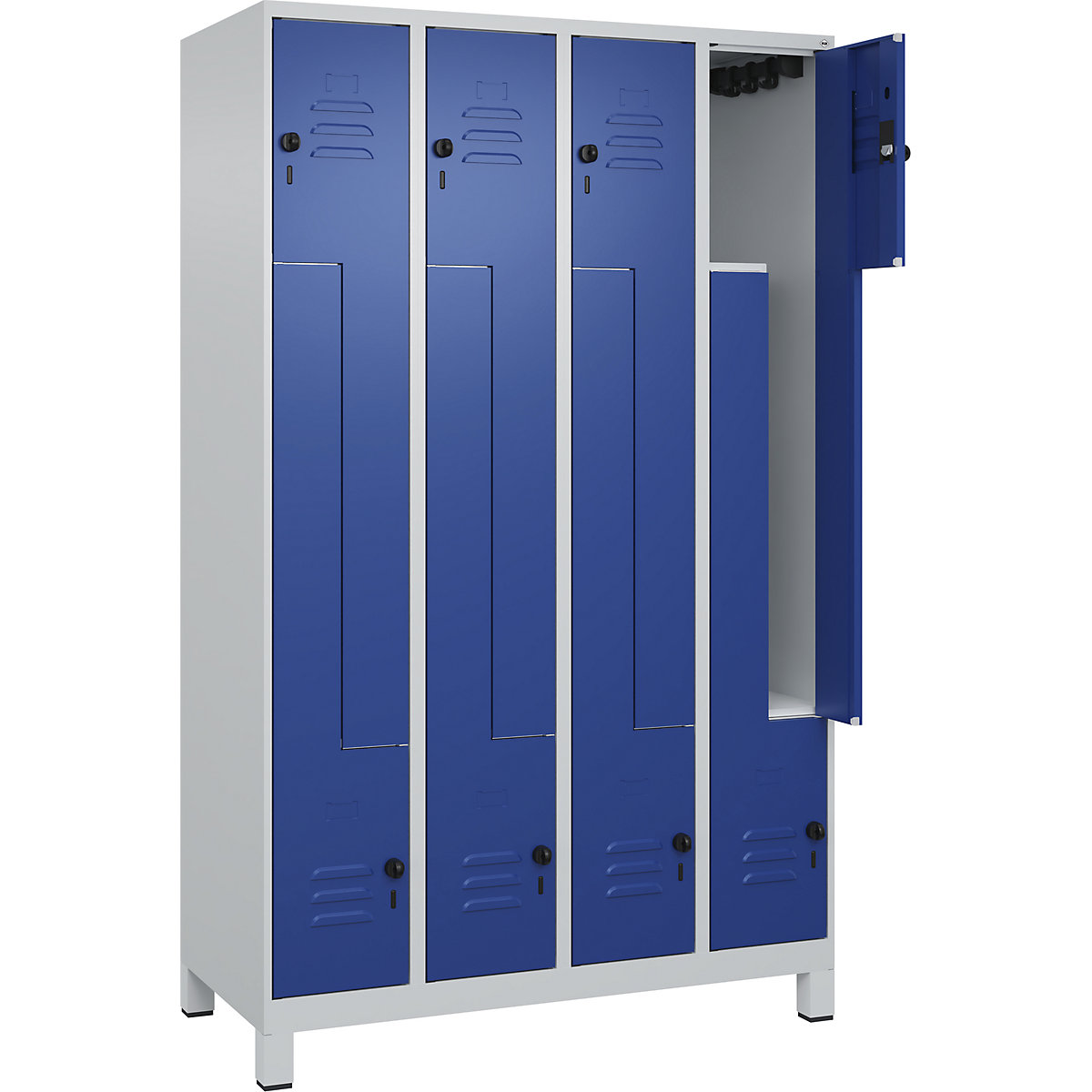 Armadietto a Z Classic PLUS – C+P, 4 scomparti, grigio chiaro / blu genziana, largh. 1200 mm, con piedini, serratura girevole-0