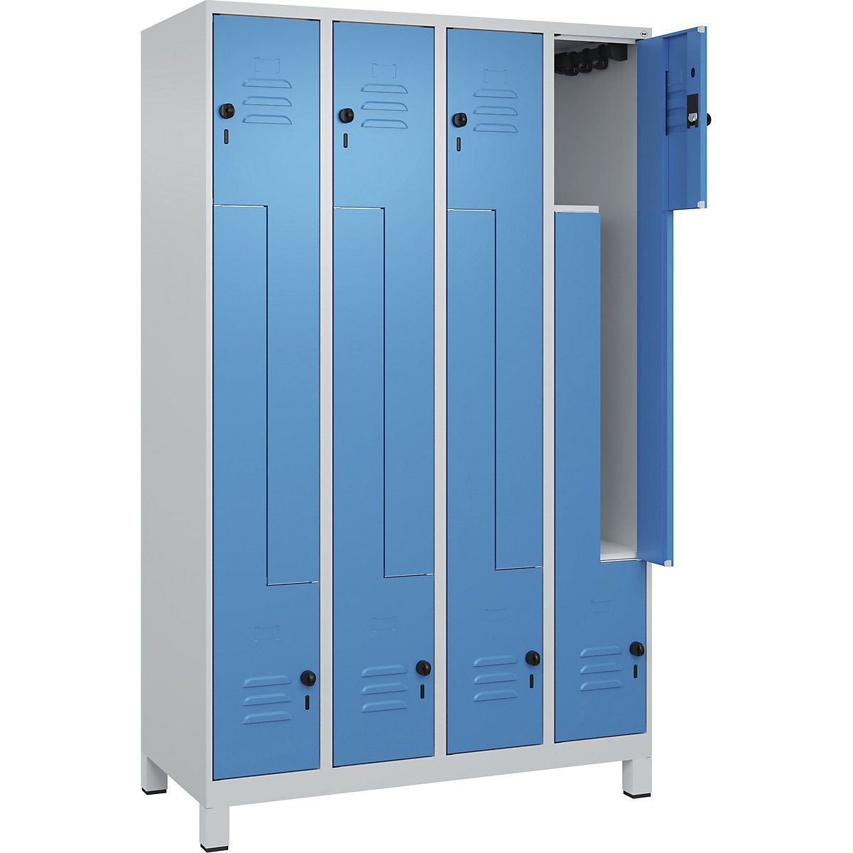 Armadietto a Z Classic PLUS – C+P, 4 scomparti, grigio chiaro / blu chiaro, largh. 1200 mm, con piedini, serratura girevole-0