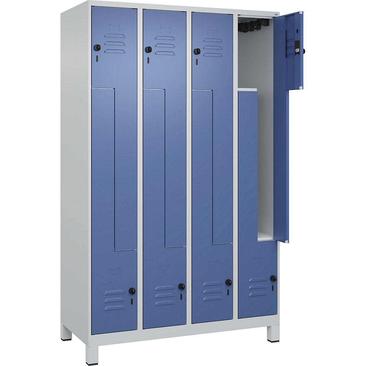 Armadietto a Z Classic PLUS – C+P, 4 scomparti, grigio chiaro / indaco, largh. 1200 mm, con piedini, serratura girevole-0