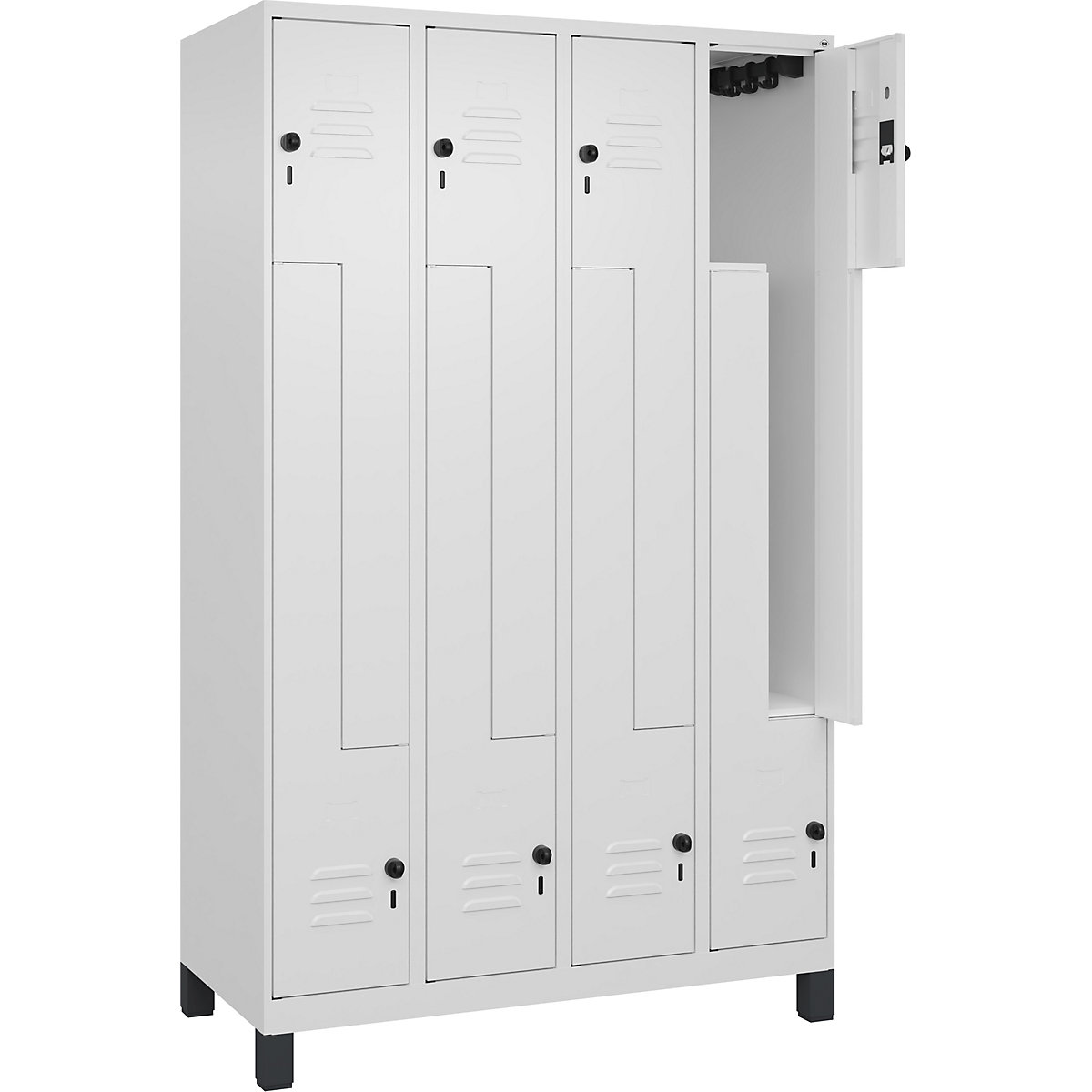 Armadietto a Z Classic PLUS – C+P, 4 scomparti, bianco traffico, largh. 1200 mm, con piedini, serratura girevole-0